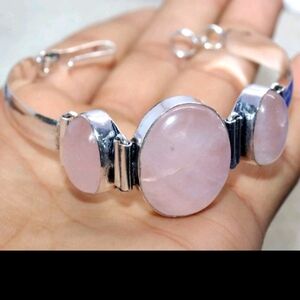 Sterling Silver Rose Quartz Three-Stone Bracelet - Pink